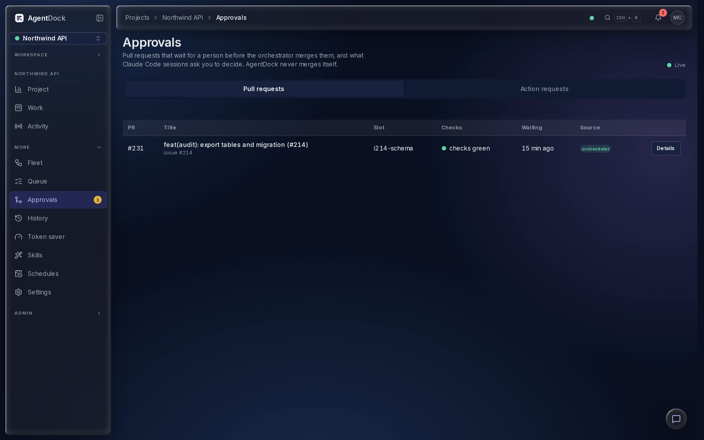 Approvals: a pull request with green checks waiting for a merge decision.