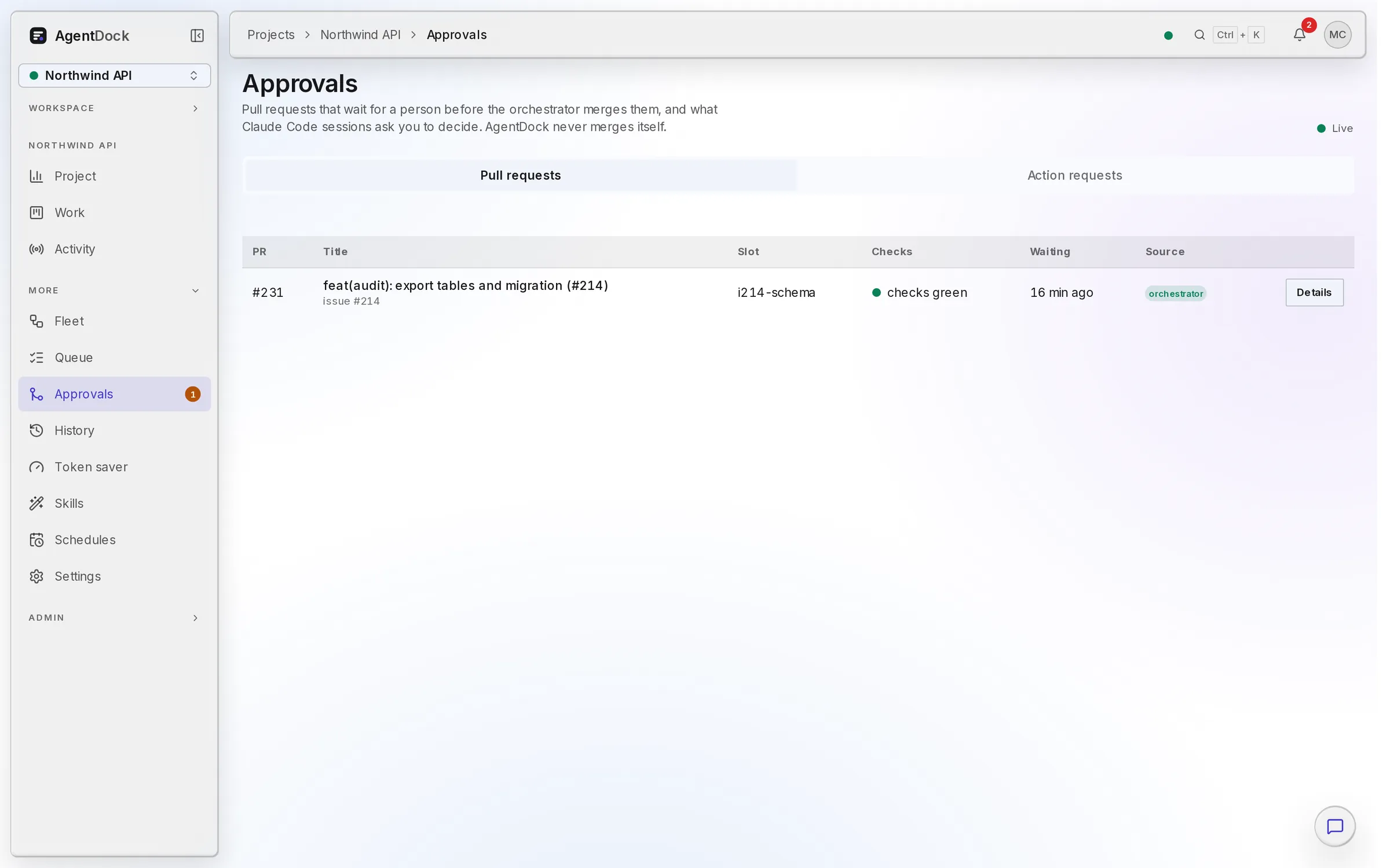 Approvals: a pull request with green checks waiting for a merge decision.