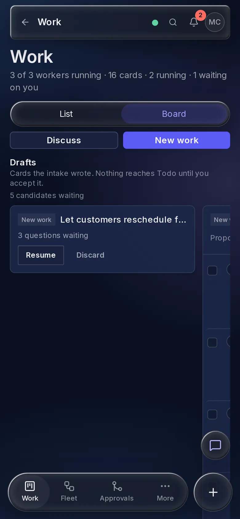 The Board on a phone, with drafts and the bottom capsule.