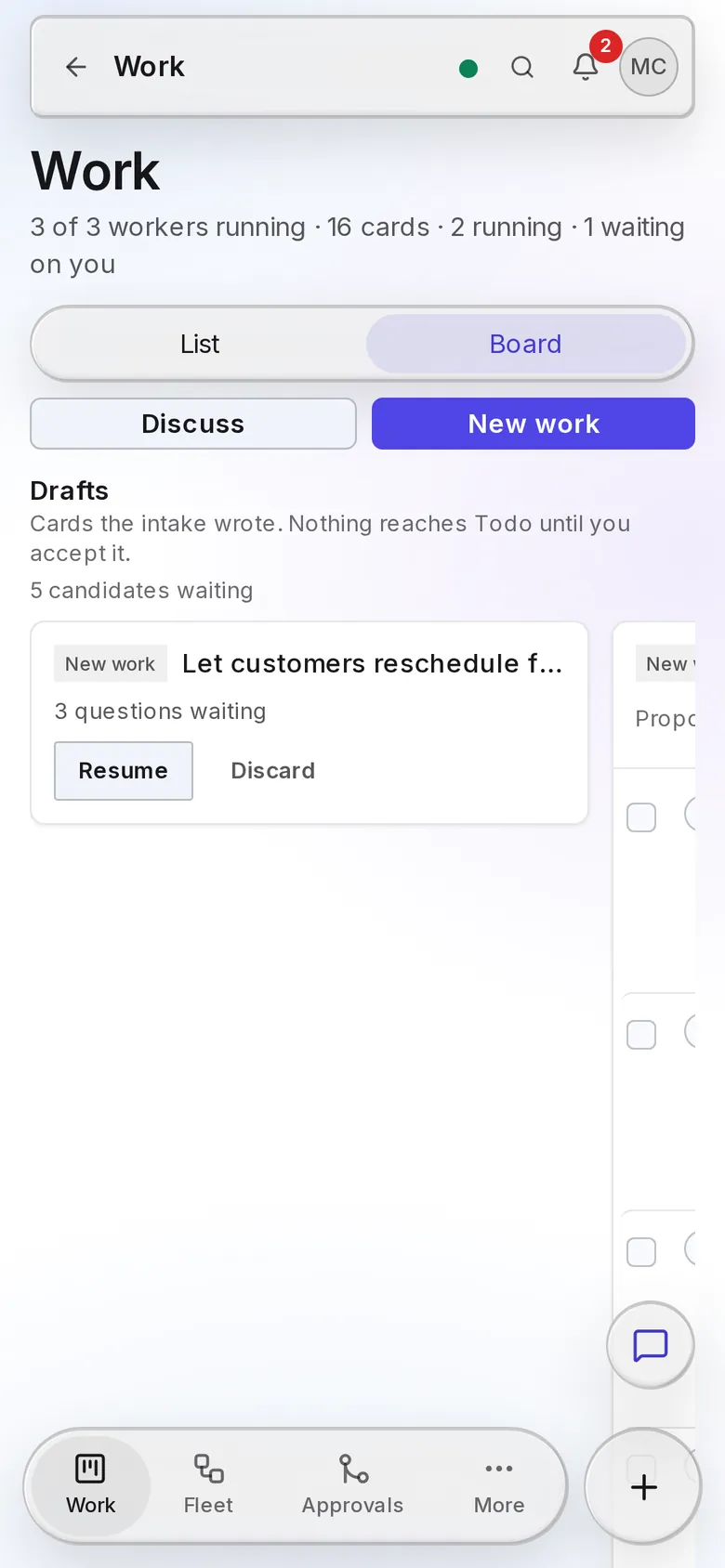 The Board on a phone, with drafts and the bottom capsule.
