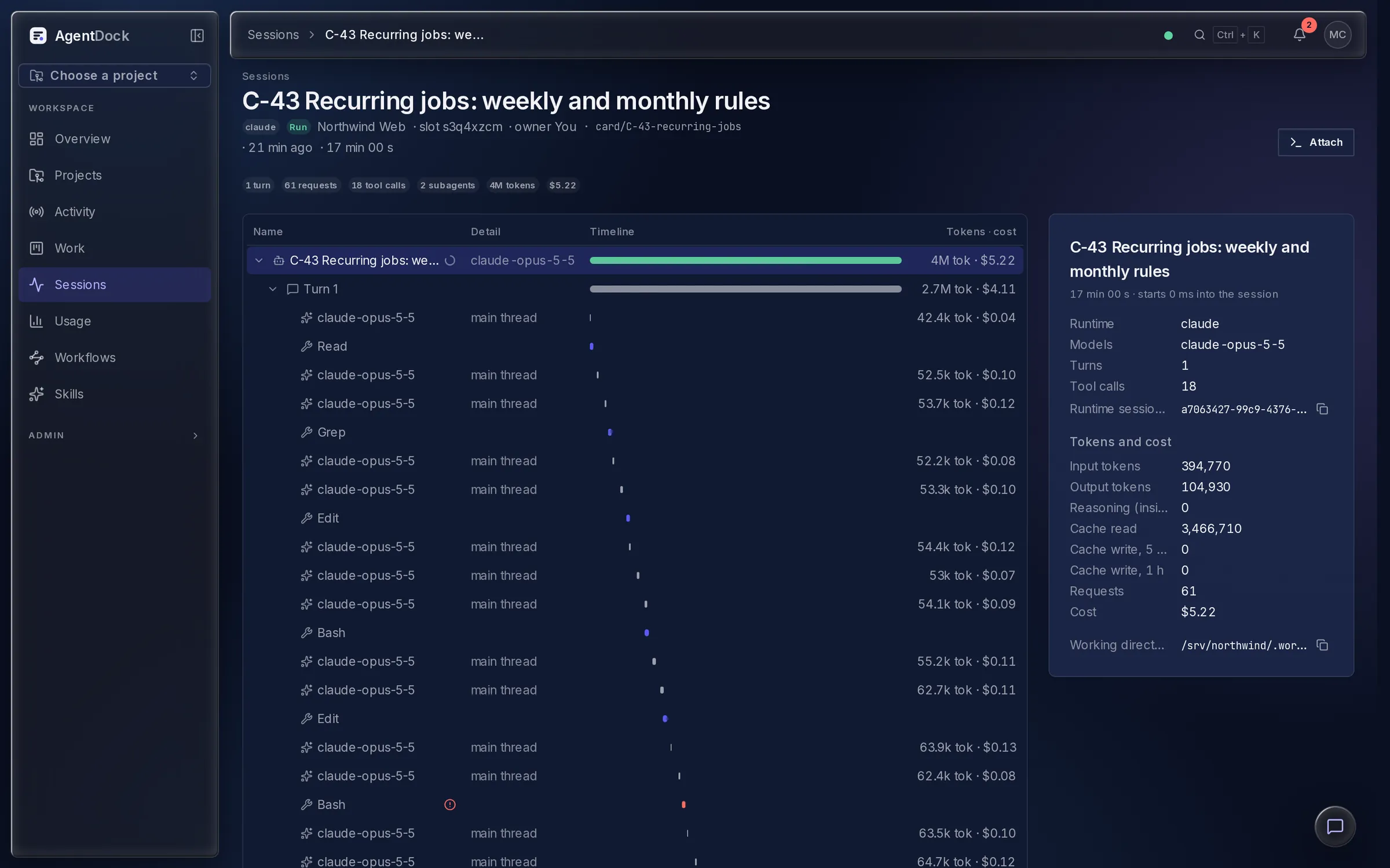 A session tree: turns, model requests, tool calls and subagents with tokens and cost.