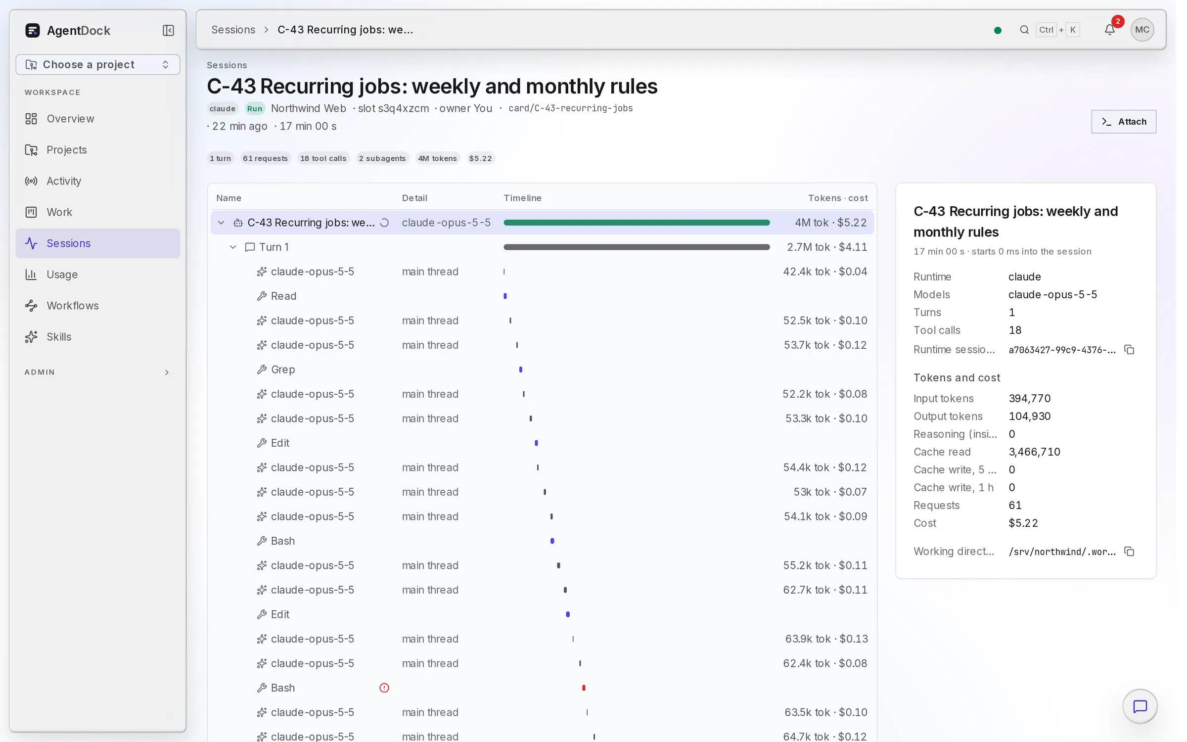 A session tree: turns, model requests, tool calls and subagents with tokens and cost.