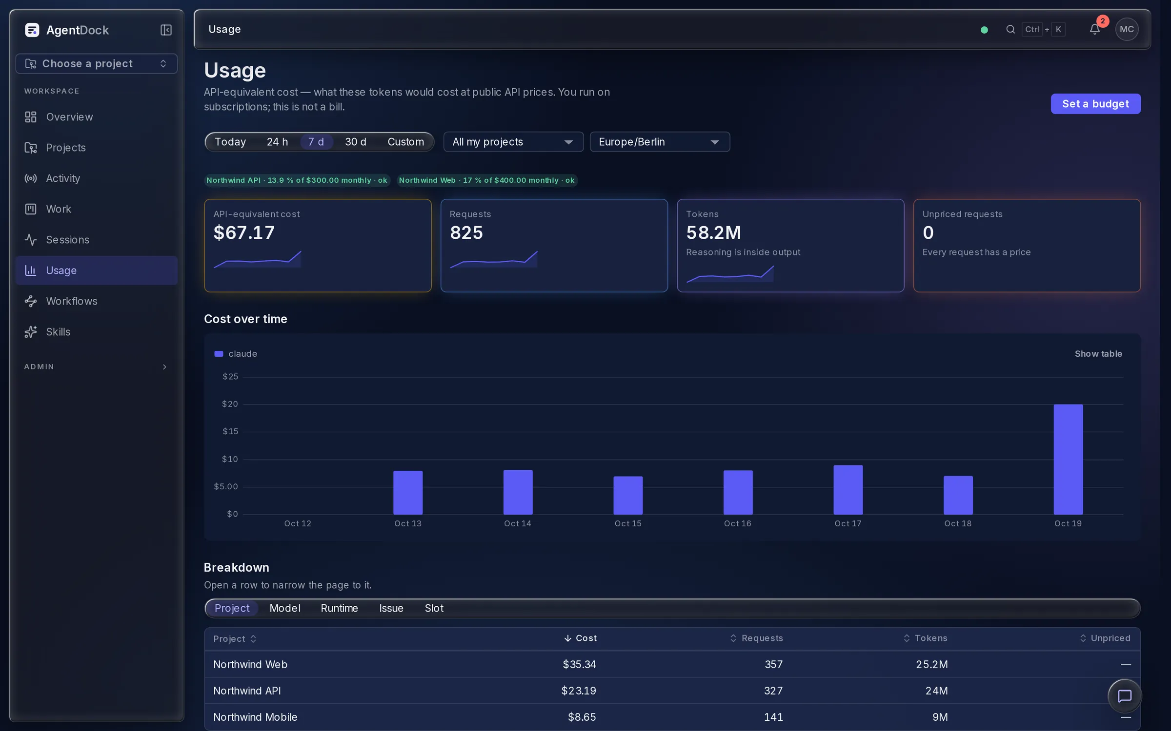 Usage: API-equivalent cost over time, budget status and a breakdown by project.