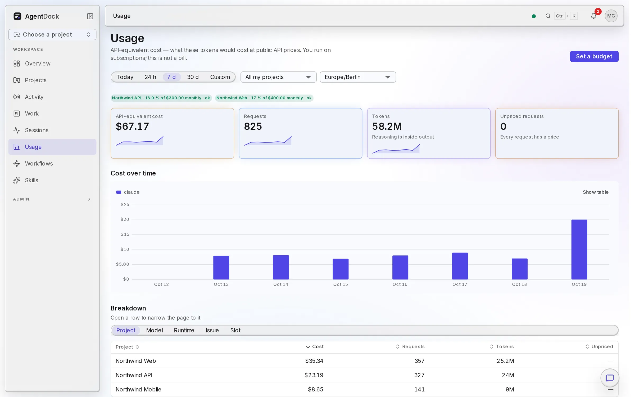 Usage: API-equivalent cost over time, budget status and a breakdown by project.